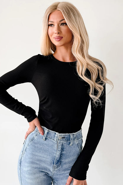 Dearlovers Black Ribbed Long Sleeve Crew Neck Solid Color Bodysuit