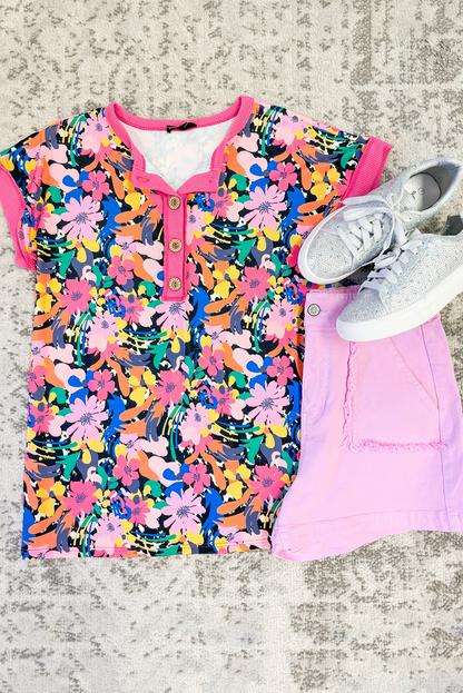 Rose Floral Short Sleeve Contrast Edge Plus Size Henley Top