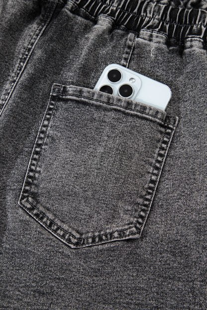 High Drawstring Elastic Waistband Casual Denim Shorts with Pockets