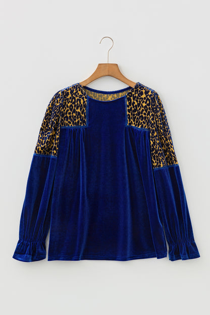 Sky Blue Leopard Patchwork Shoulder Flounce Sleeve Velvet Blouse