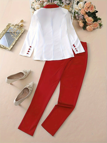 Color Block Two-piece Set, Casual Button Front Blazer & Straight Leg Pants Outfits, Women's Clothing