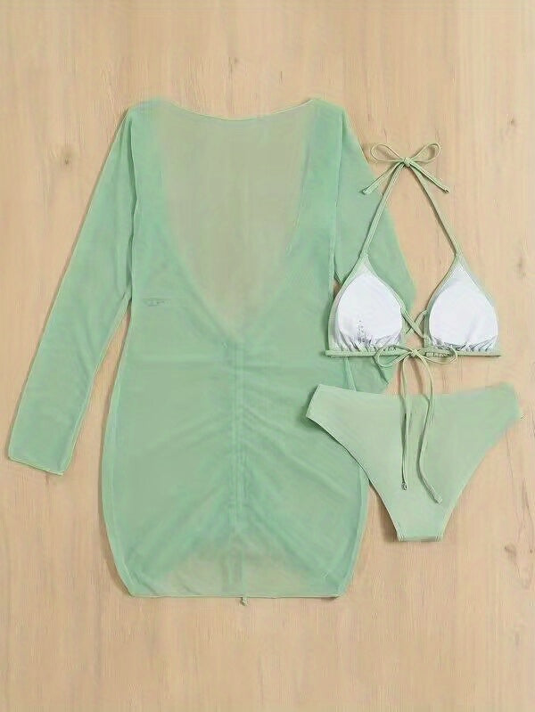 3-Piece Green Halter Bikini Set - Adjustable Neckline, High Cut Bottom, Long Sleeve Drawstring Cover Up Dress - Trendy Womens Swimwear for Beach Style
