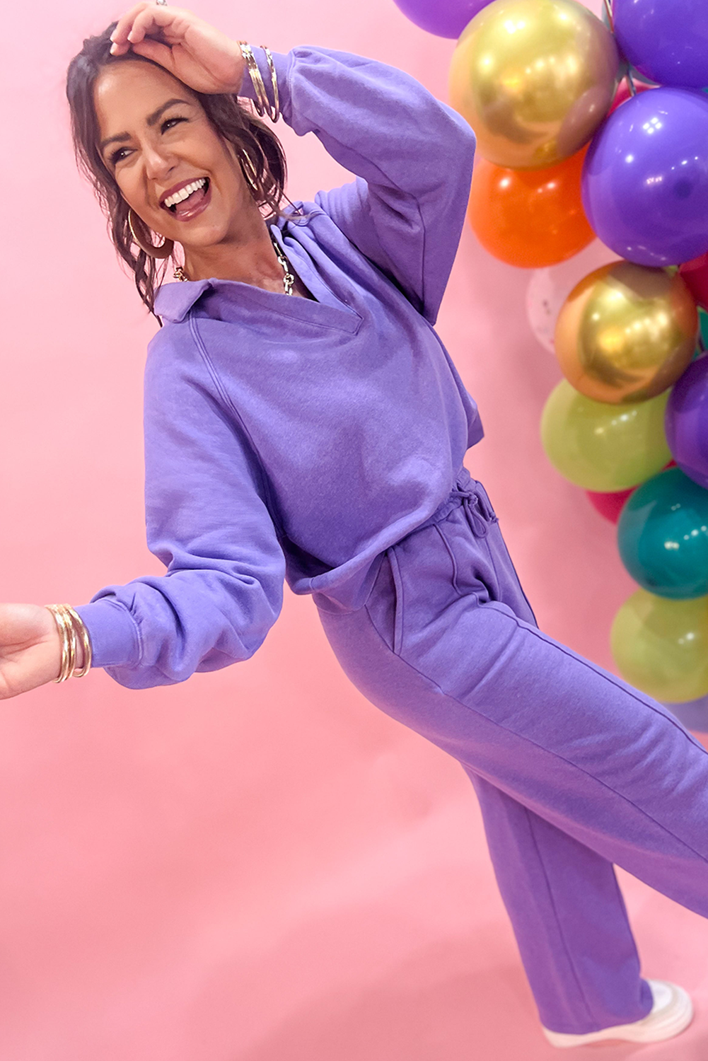 Wisteria Solid Color Collared Pullover and Central Seam Pants Set