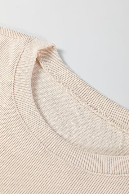 Jet Stream Solid Color Textured Knit Drop Shoulder Pullover Drawstring Shorts Set