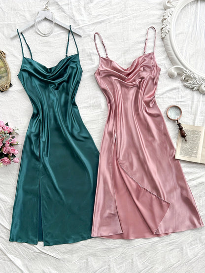 2 Pcs Women's Elegant Solid Satin Sleepwear Dress, Turtleneck Side Split Backless Midi Slip Dress, Comfortable Nightgown