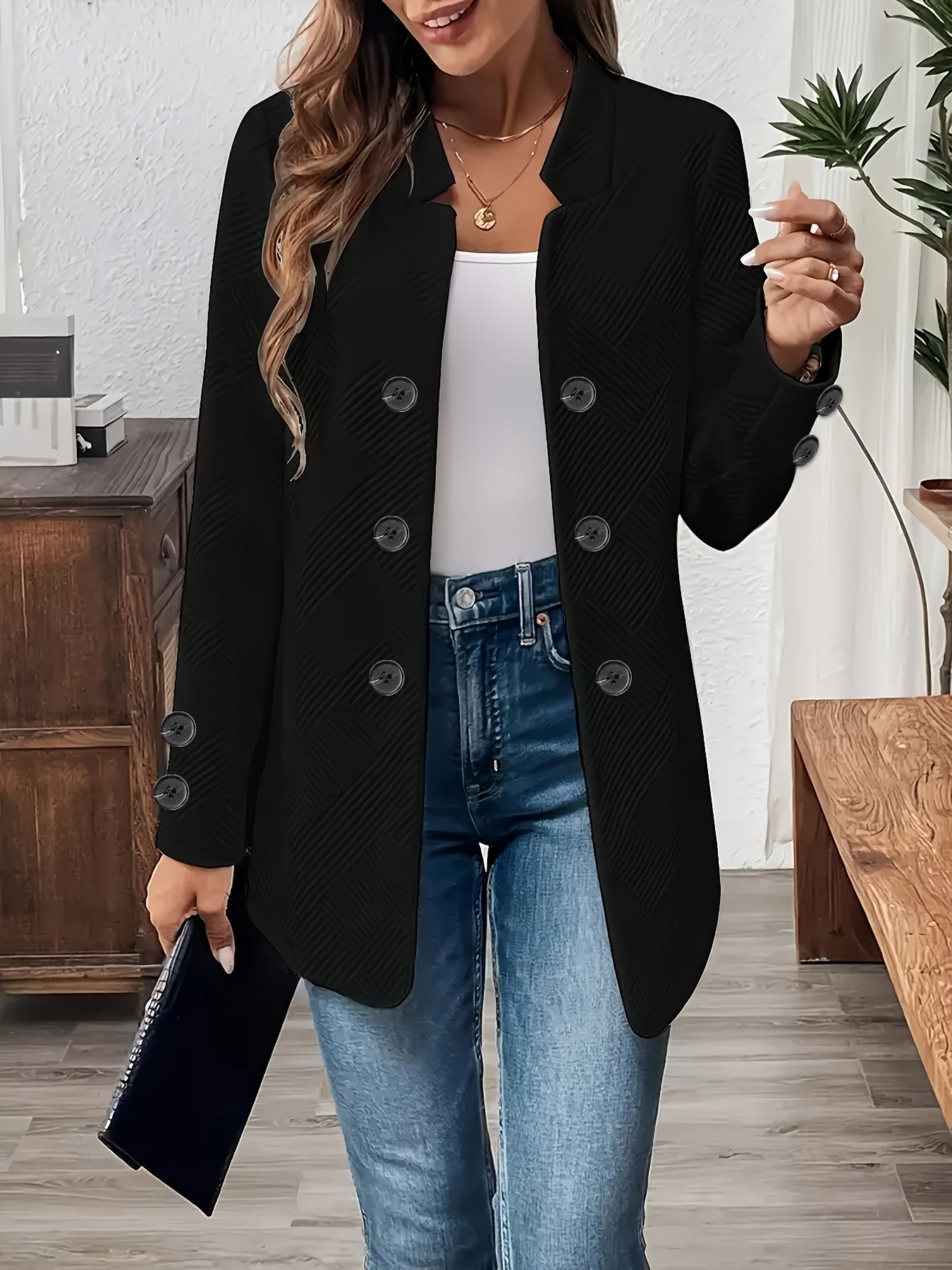 Women's Casual Solid Color Double-Breasted Long Sleeve Jacket with Pockets, Polyester Knit Fabric, Open Front Collar - All Seasons, Allseason Jacket | Doublebreasted Jacket | Stylish Jacket