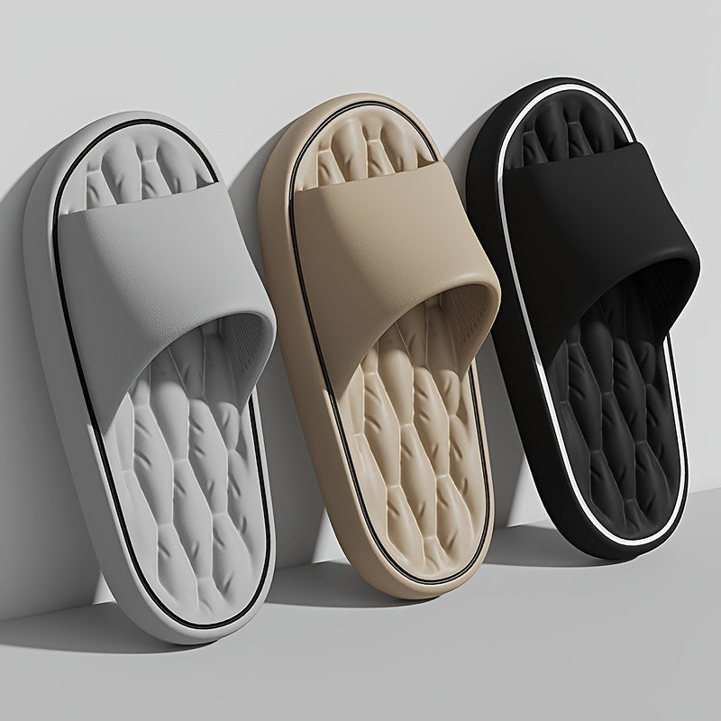 [Comfortable Slides] Comfortable Unisex EVA Slides | Non-Slip Indoor/Outdoor Slippers for Men and Women, Black with White Trim, Textured Sole for Enhanced Grip, Perfect for Home, Bathroom, or Casual Use, House Slippers