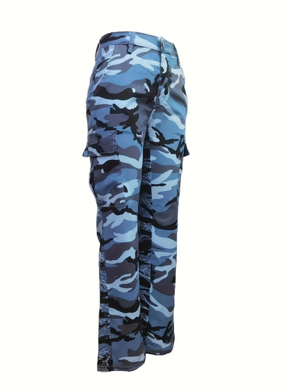 Fashionable High Waist Camouflage Cargo Jeans - Sleek Straight Fit with Medium Stretch & Stylish Flap Pockets - Trendy High Rise Denim Pants for Women