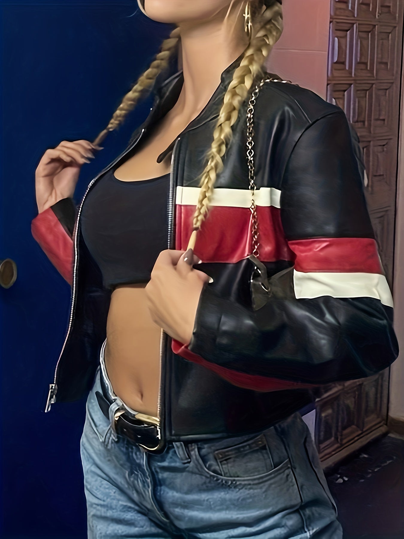 Faux Leather Zip Up Moto Jacket, Vintage Long Sleeve Jacket For Spring & Fall, Women's Clothing