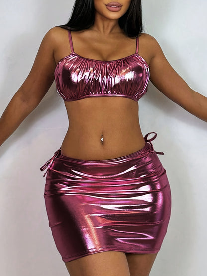 Women's Sexy 3-Piece Metallic Bikini Set, Glitter Fabric, Ruched Front Top & High Cut Bottom With Cover Up Skirt, Women's Swimwear