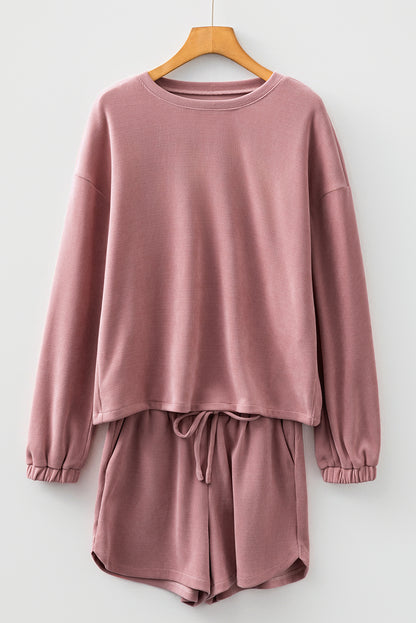 Fushia Solid Color Textured Knit Drop Shoulder Pullover Drawstring Shorts Set