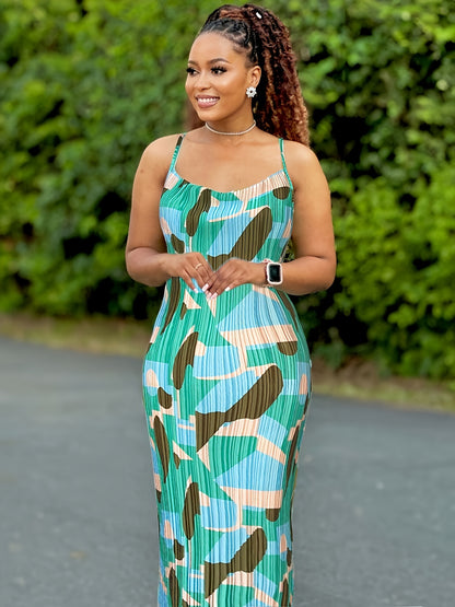 Tie Dye Print Pleated Dress, Summer Spaghetti Strap Bodycon Dress, Women's Clothing