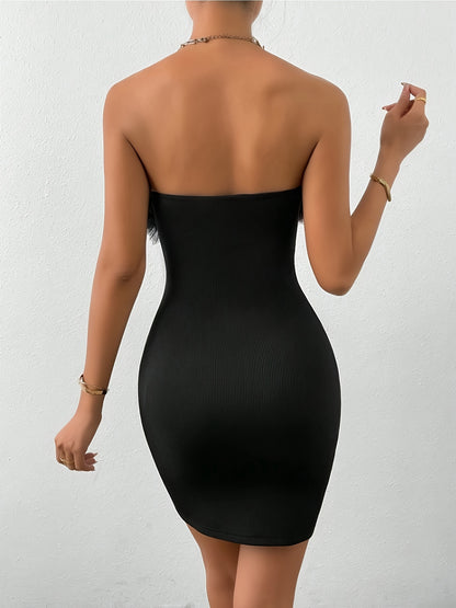Mesh Trim Tube Dress, Elegant Solid Off Shoulder Bodycon Dress, Women's Clothing
