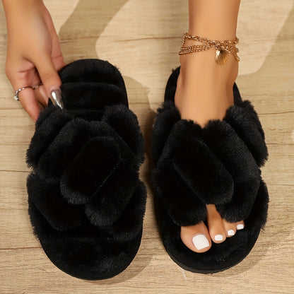 Women's Plush Fluffy Cross Band Slippers - Anti-Slip Sole Comfy Home Indoor Shoes, Fabric-Lined Floor Slides for Autumn & Winter