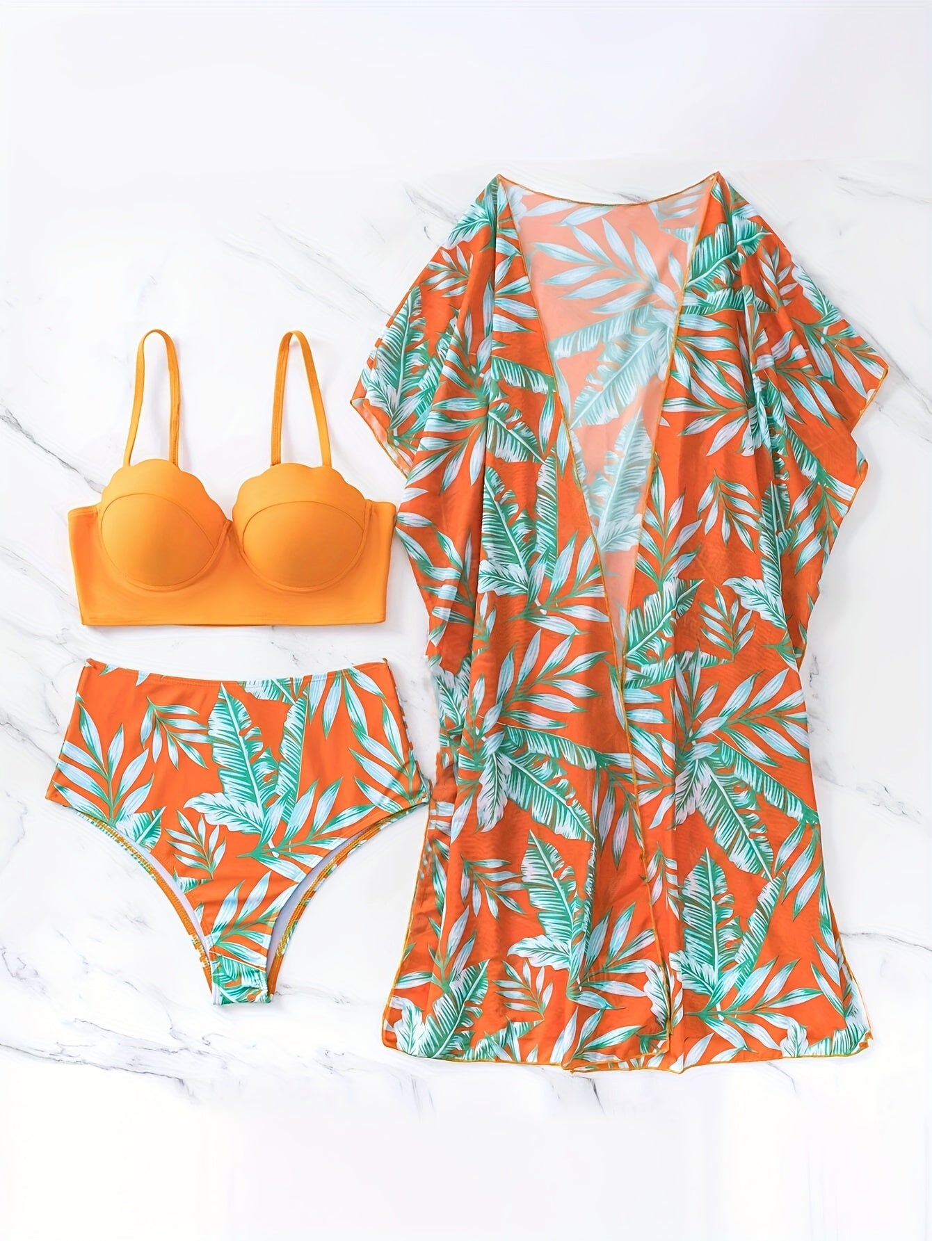 3 Piece Tropical Print High Waist Bikini Set - Off the Shoulder, High Stretch, Semi-Sheer, Polyester Fabric, Random Printing, Knit Swimsuits for Women - Perfect for Swimming and Beach Activities