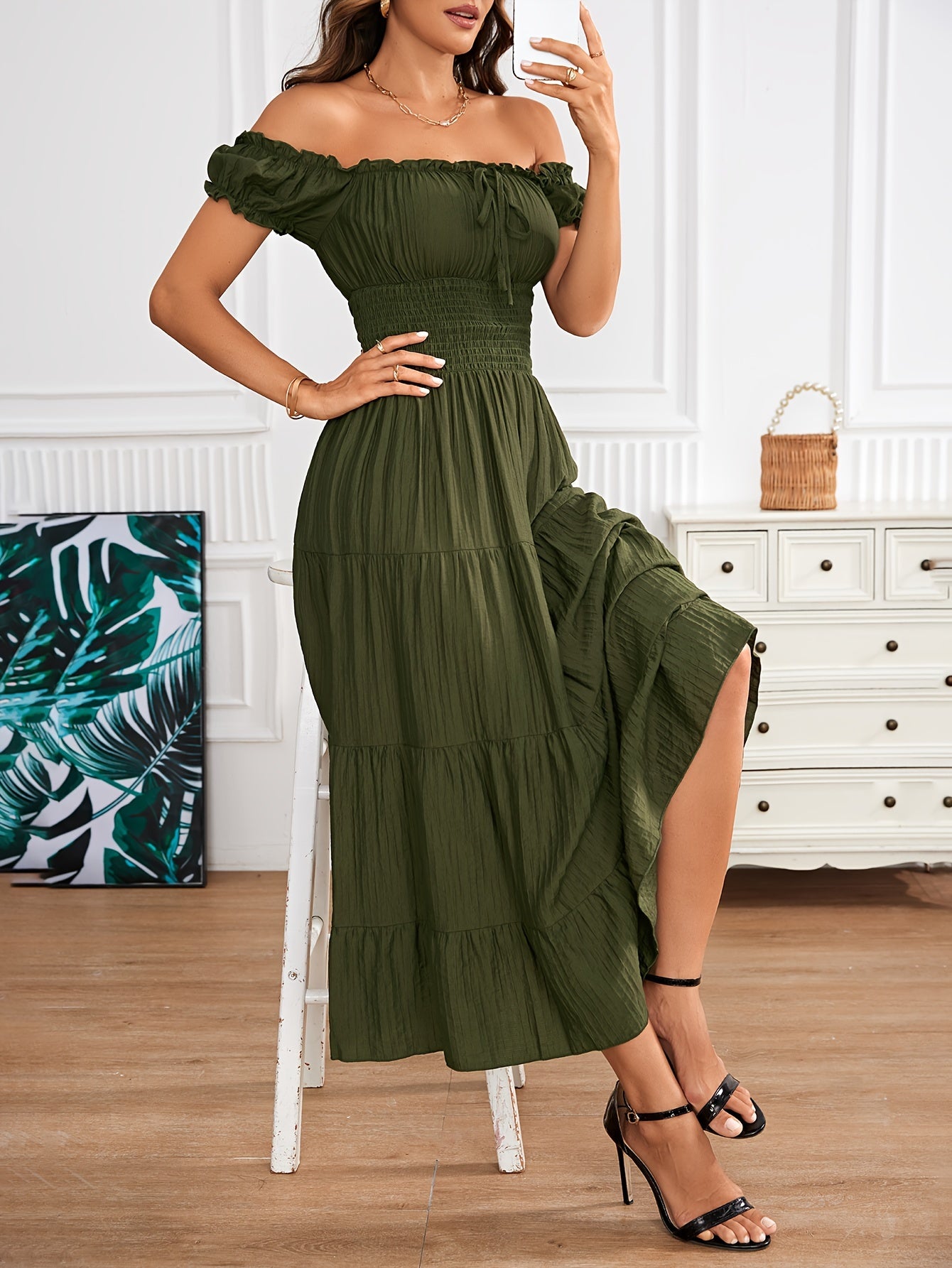 Off Shoulder Shirred Waist Dress, Elegant Aline Smocked Maxi Dress For Spring & Summer, Women's Clothing