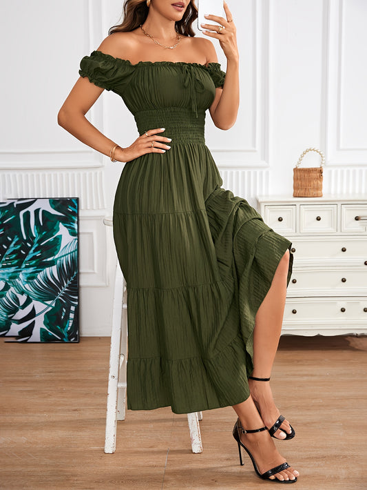 Off Shoulder Shirred Waist Dress, Elegant Aline Smocked Maxi Dress For Spring & Summer, Women's Clothing
