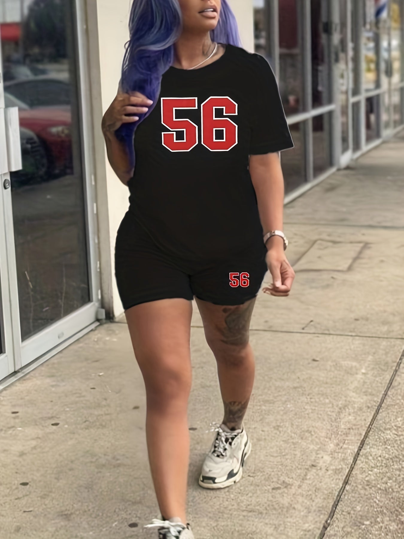 23 Number Print Two-Piece Outfit - Casual Short Sleeve T-Shirt & Biker Shorts Set - Comfortable, Relaxed Fit, Soft Fabric, Summer Essentials for Women