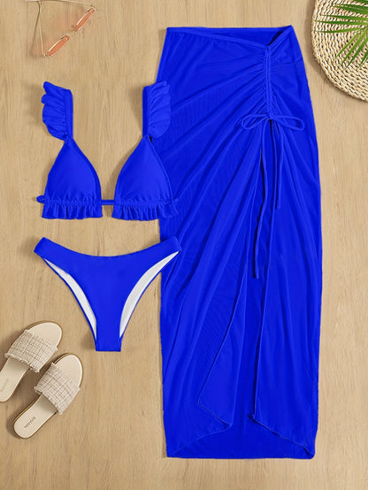 3 Piece Set Bikini, Plain Swimsuits, Ruched Tie Back Bra And Bottom, Cover Up Bow Skirt, Women's Swimwear & Clothing