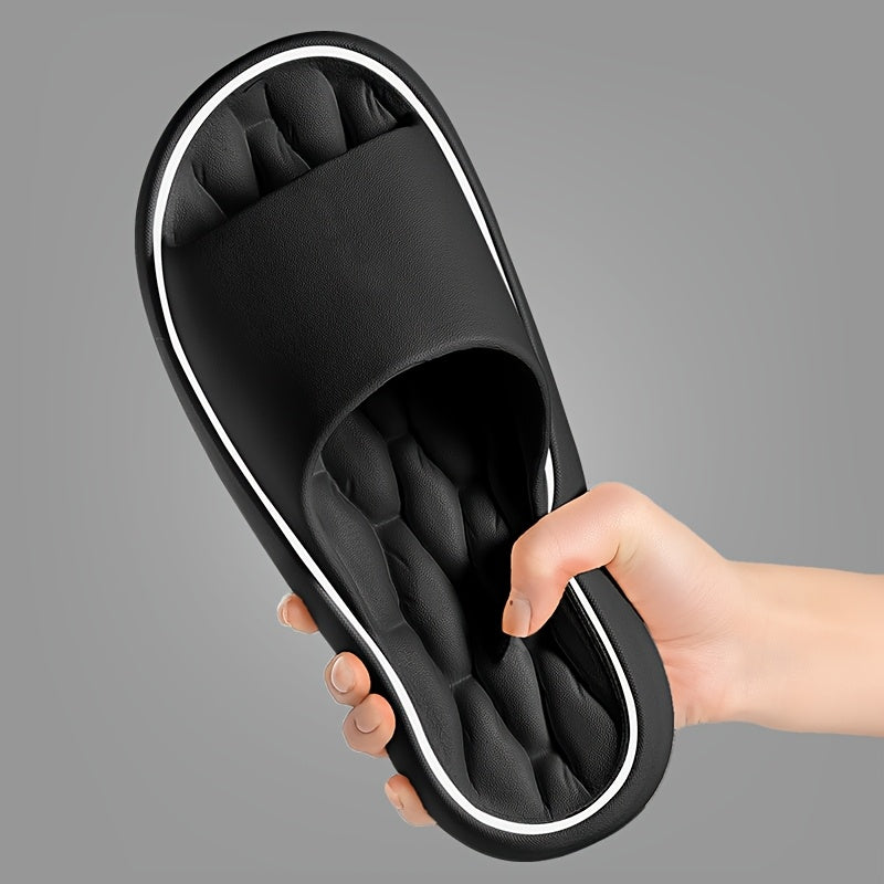 [Comfortable Slides] Comfortable Unisex EVA Slides | Non-Slip Indoor/Outdoor Slippers for Men and Women, Black with White Trim, Textured Sole for Enhanced Grip, Perfect for Home, Bathroom, or Casual Use, House Slippers