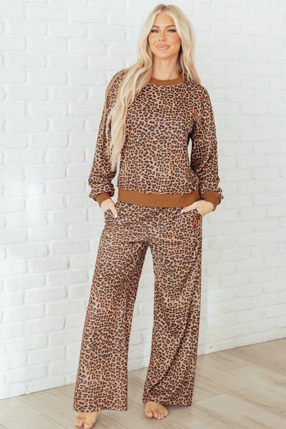 Khaki Leopard Pullover and Pants 2pcs Outfit with Bow Embroidery