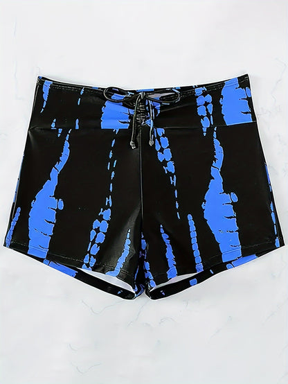 Tie Dye Pattern Drawstring Stretchy Swim Boxer Shorts, High Waisted Comfy Trendy Swimming Bottoms, Women's Swimwear & Clothing