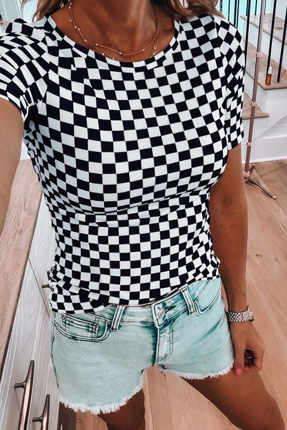 Black Checkered Ribbed Slim Fit Crew Neck T Shirt