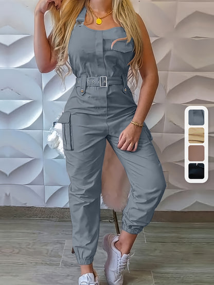 Solid Flap Pocket Cargo Jumpsuit, Casual Sleeveless Belted Flap Detail Jumpsuit, Women's Clothing