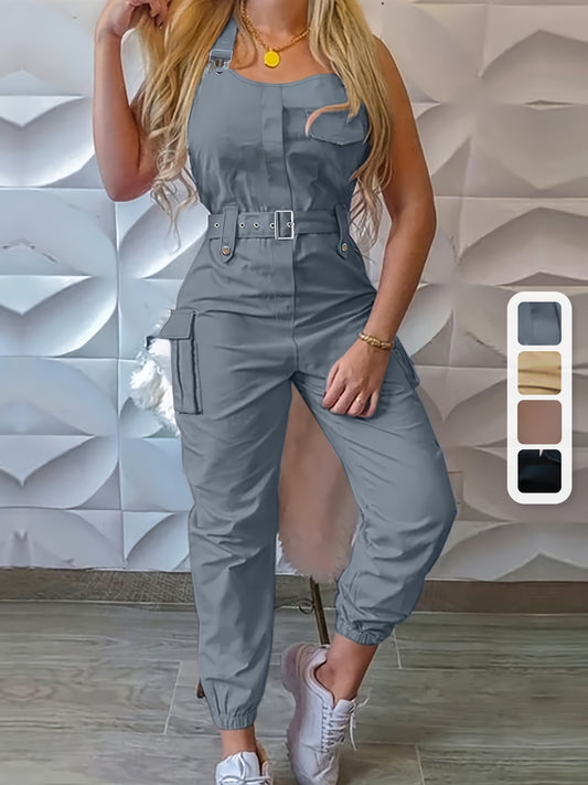 Solid Flap Pocket Cargo Jumpsuit, Casual Sleeveless Belted Flap Detail Jumpsuit, Women's Clothing