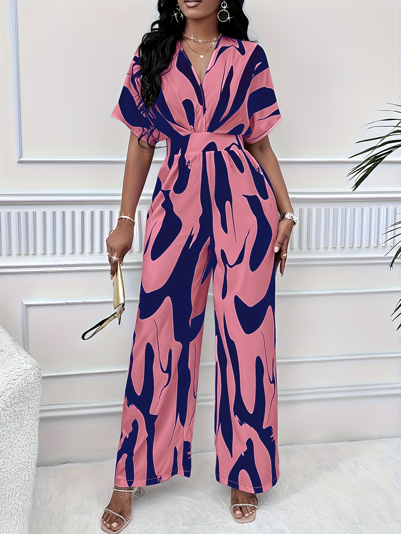Chic V-Neck Jumpsuit - Allover Print, Short Sleeve, Wide-Leg Design for Sophisticated Casual Wear