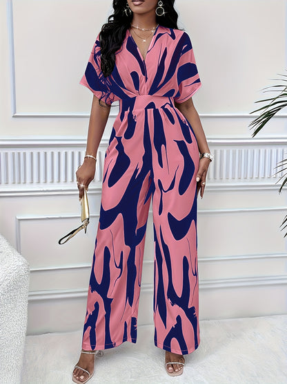 Chic V-Neck Jumpsuit - Allover Print, Short Sleeve, Wide-Leg Design for Sophisticated Casual Wear