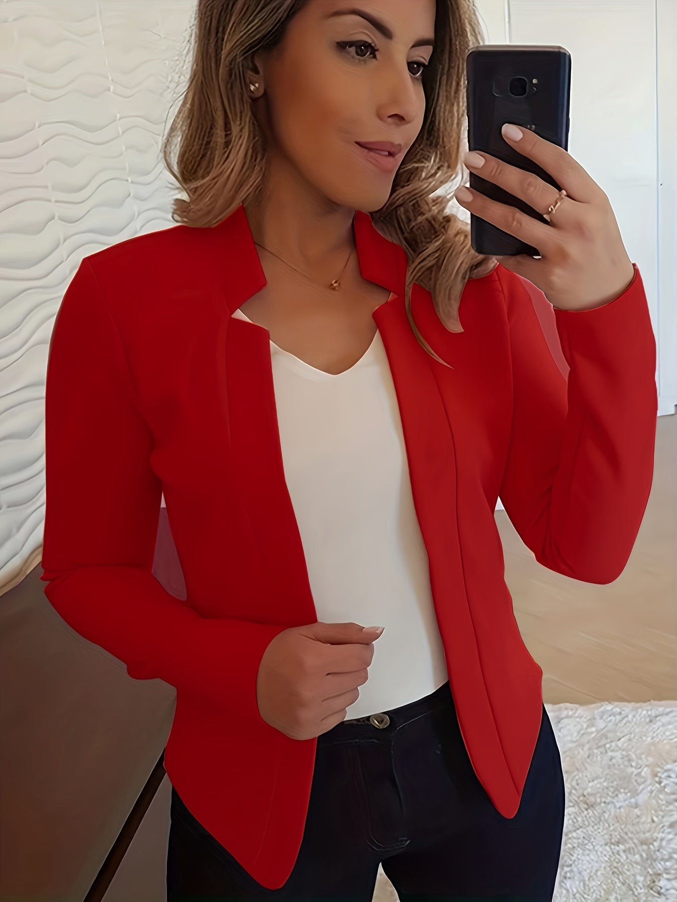 Solid Open Front Blazer, Casual Long Sleeve Blazer For Office & Work, Women's Clothing