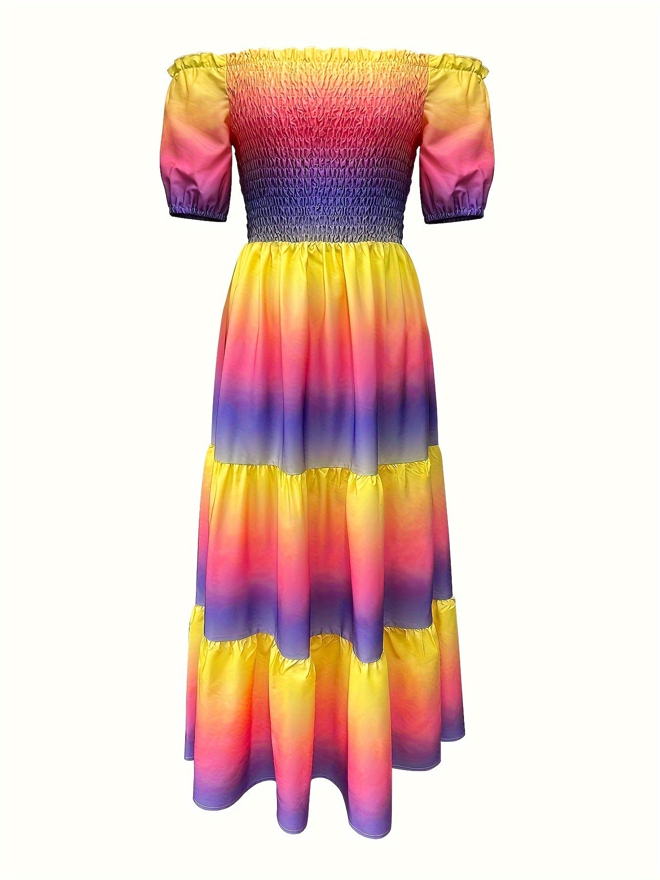 Gradient Print Tiered Dress, Casual Off Shoulder Shirred Party Dress, Women's Clothing