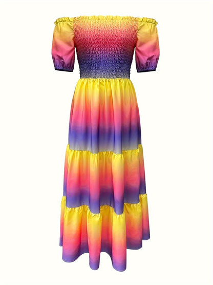 Gradient Print Tiered Dress, Casual Off Shoulder Shirred Party Dress, Women's Clothing