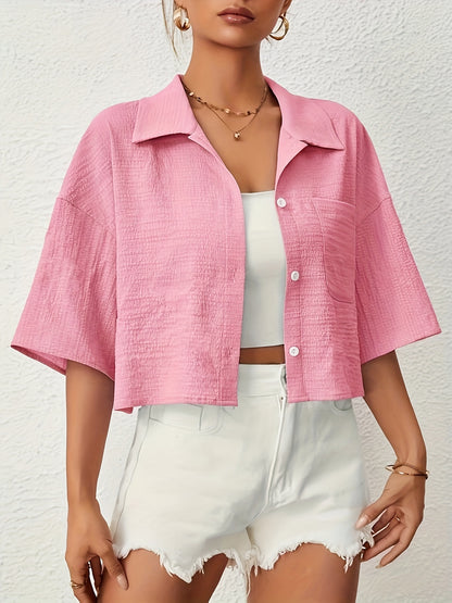 Button Front Crop Blouse, Casual Short Sleeve Blouse For Spring & Summer, Women's Clothing
