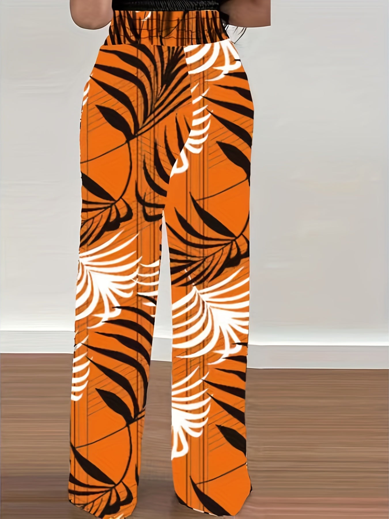 Plant Print Tie Waist Pants, Casual Wide Leg Long Length Pants, Women's Clothing