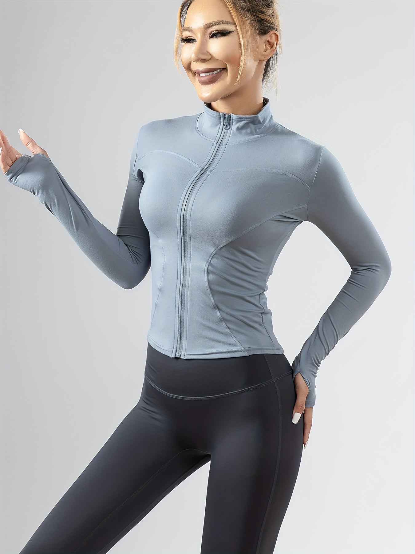 1pc Women'S Athletic Half-Zip Jacket, Long Sleeve Sports Coat, Solid Color Polyester Knit, Non-Waterproof, Regular Fit for Fitness Running Yoga - Gym Wear