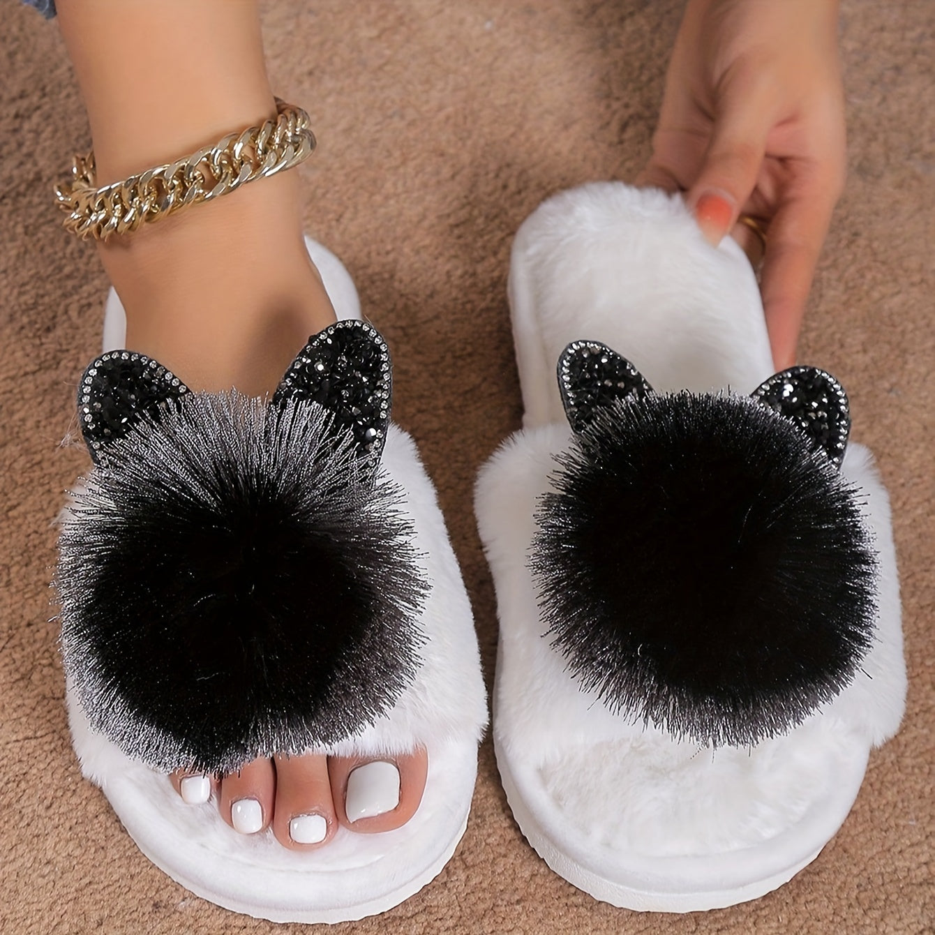 [Cute Slippers] Soft Women's Slip-On Slippers | All-Season Indoor House Shoes with Plush Faux Fur Trim & Sparkling Embellishments - Cute Slippers, Loungewear Essentials, Playful Design, Durable EVA Sole