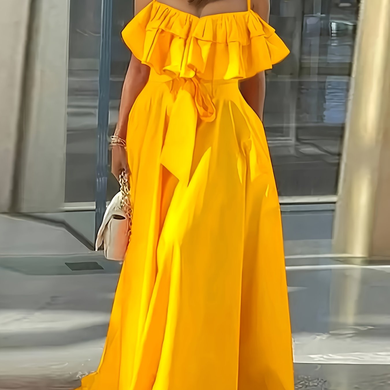 Vibrant Ruffle Trim Cami Dress - Sleeveless, Tie-Waist, Maxi Length, Flowy, Feminine, Summer Essential for Women - Perfect for Outdoor, Party, and Daily Wear