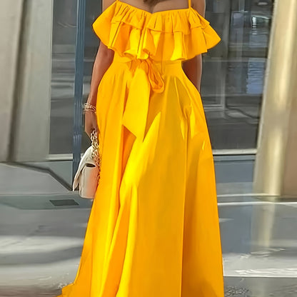 Vibrant Ruffle Trim Cami Dress - Sleeveless, Tie-Waist, Maxi Length, Flowy, Feminine, Summer Essential for Women - Perfect for Outdoor, Party, and Daily Wear