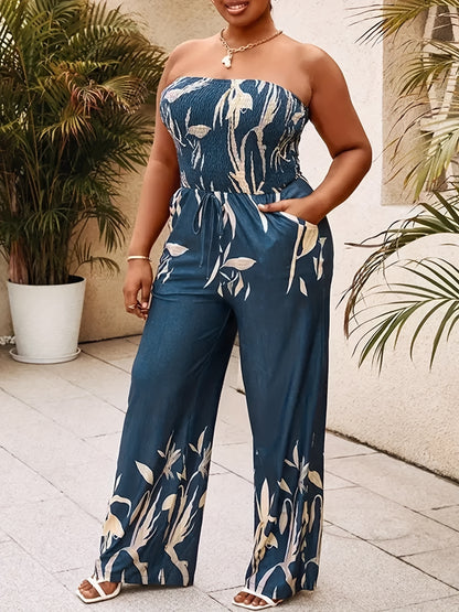 Vibrant Floral Print Bandeau Shirred Tube Jumpsuit - Comfy Vacation Essential with Tie Front Pockets for Spring & Summer - Womens Polyester Woven Casual Clothing with No Elasticity