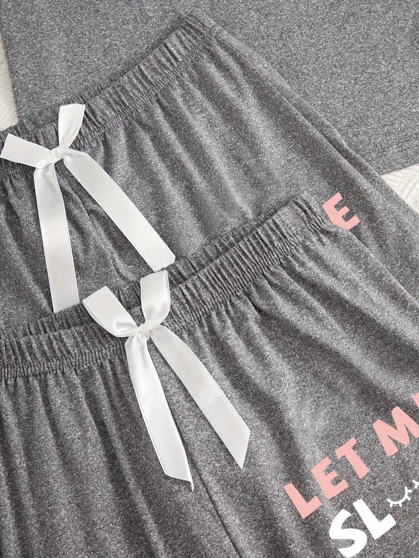 3pcs Women'S Pajama Set, Simple Style Knit Polyester Sleepwear, with Alphabet Print, Crew Neck, Bow Detail, for All Season Comfort Loungewear