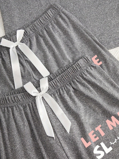 3pcs Women'S Pajama Set, Simple Style Knit Polyester Sleepwear, with Alphabet Print, Crew Neck, Bow Detail, for All Season Comfort Loungewear