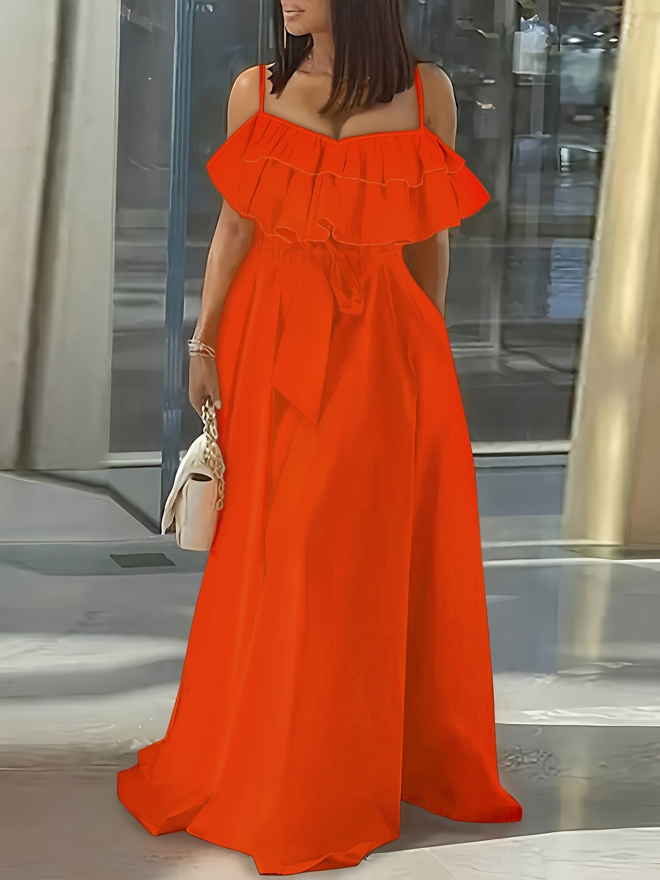 Vibrant Ruffle Trim Cami Dress - Sleeveless, Tie-Waist, Maxi Length, Flowy, Feminine, Summer Essential for Women - Perfect for Outdoor, Party, and Daily Wear