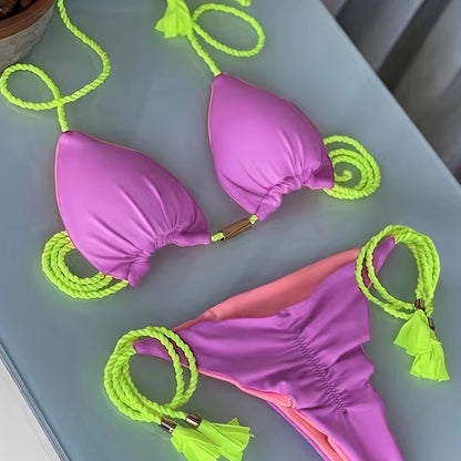 Triangle Halter Neck Bikini Sets, V Neck Tie Back Tie Side Backless High Cut Two Pieces Swimsuit, Women's Swimwear & Clothing Koningsdag/King's Day