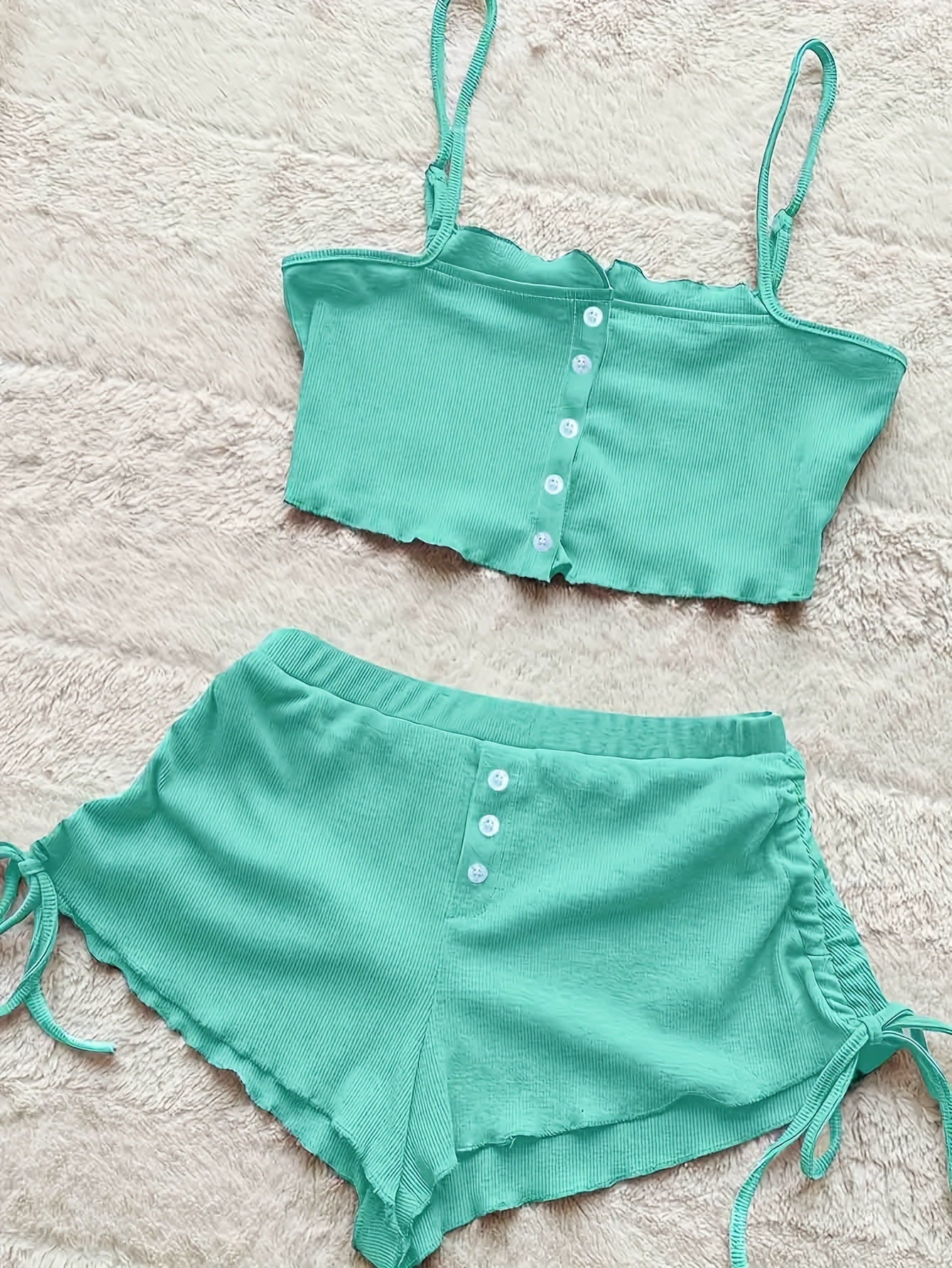 Simple Solid Print Lounge Set, Buttons Cami Top & Drawstring Shorts, Women's Loungewear & Sleepwear Koningsdag/King's Day