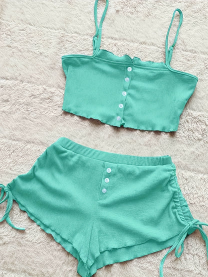 Simple Solid Print Lounge Set, Buttons Cami Top & Drawstring Shorts, Women's Loungewear & Sleepwear Koningsdag/King's Day