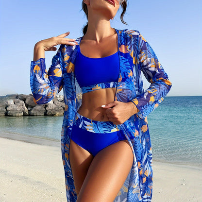 Tropical Leaf Print Stretchy 3 Piece Set Bikini With Long Sleeve Kimono, Scoop Neck Contrast Band Stylish Swimsuits, Women's Swimwear & Clothing For Holiday