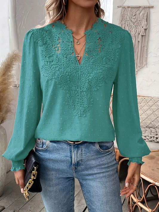 Stylish Plus Size Teal V-Neck Blouse with Lace Detailing - Lightweight Polyester Blend for Spring/Summer - Machine Washable Casual Shirt