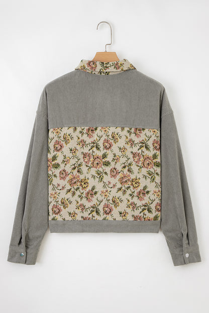 Medium Grey Ribbed Retro Floral Patchwork Shirt Style Jacket